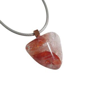 Red Clear Fire Quartz Pendant Necklace Gray Cord Healing Stone Beach Core Women